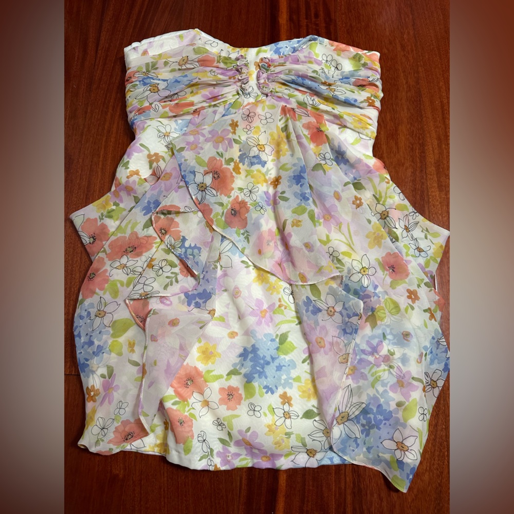 Jill Stuart Floral Draped Chiffon Strapless Micro Mini Or Tunic Top Dress 6 M